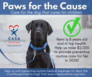 Paws for the Cause: Special thanks to Dr. Charlie West, who sponsored all of Remi’s medical care from 2020 through 2025! This year, in 2026, CASA is raising funds to support Remi’s preventive routine medical care. Our goal is $2,000.
